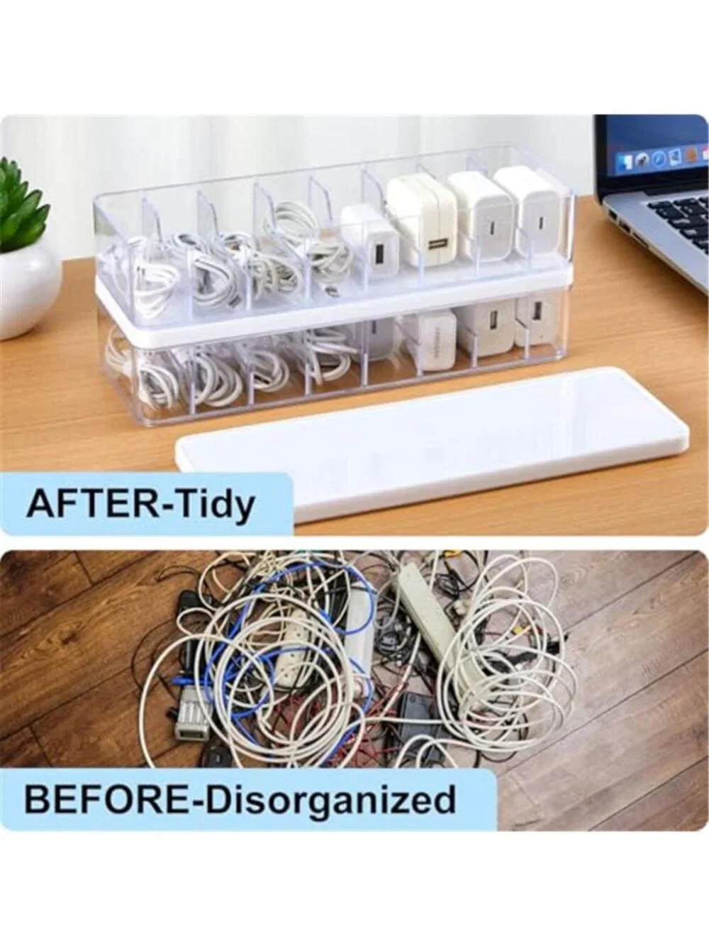 Cable Organizer Box Set 4Pack Cord Storage Container With Dividers Silicone Ties